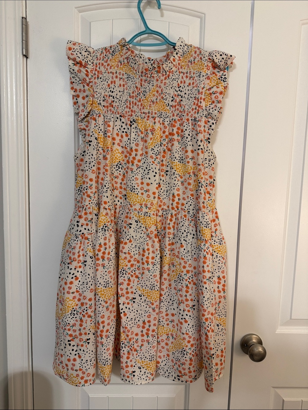 moodie White Floral Smocked Neck Dress with Orange & Yellow Accents